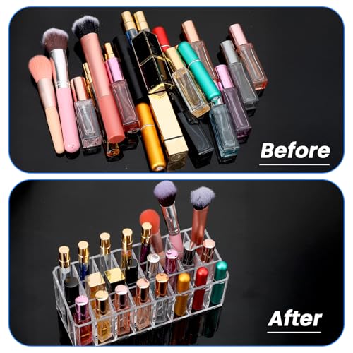 2 Pcs Rollerball Perfume Organizer, 24 Spaces Acrylic Perfume Storage Holder, Clear Beauty Scent Holder, Makeup Display Case Organizer for Lipstick Lip Glosses Brushes Perfumes Sample Mascara