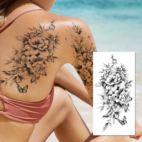 EMOME 12 Sheets Sexy Temporary Tattoos for Women, Half Arm Flowers Fake Tattoos Sleeve, Temp Realistic Tattoo Stickers for Adults Girls Shoulder Arm Leg Back