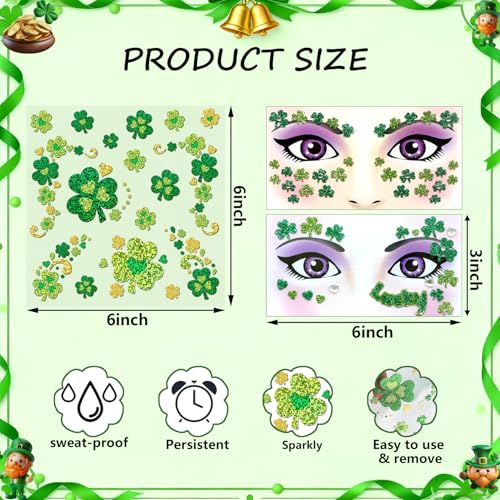 3 Sheets St Patricks Day Face Stickers Glitter Rhinestone Shamrock Face Gems Clover Body Stickers Jewels for Irish Party Favors Parades Accessories St Pattys Day Decorations(gem3)