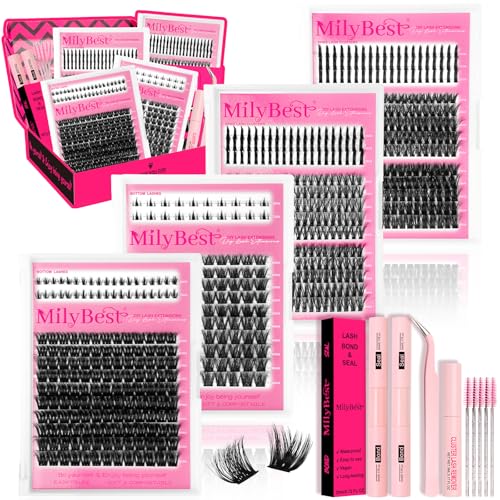 MilyBest Lash Clusters Kit 808Pcs Eyelash Clusters with Spikes and Bottom Lashes Clusters D Curl 4 Styles Lash Kit Fluffy DIY Individual Eyelashes Glue Wispy Cluster Eyelash Extensions Kit De Pesta?as