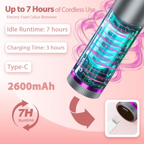 Electric Foot Callus Remover with Nano-Glass Head, Cordless Electric Foot File with 2600mAh Battery, Electric Callus Remover for Feet with 3 Adjustable Speeds, Pedicure Tools for Feet