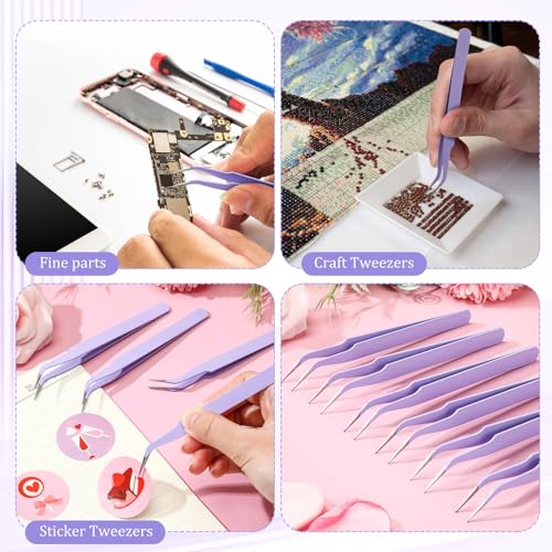 Honoson 9 Pieces Curved Pointed Craft Tweezers Stainless Steel Precision Tweezer with Protective Cover for Rhinestones Dried Flowers Craft Stickers Eyelash Extension Jewelry Making(Purple)