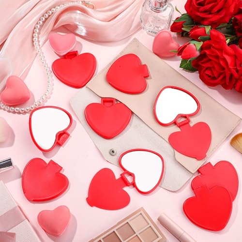 Geetery 48 Pcs Compact Mirror Bulk Gifts Heart Shaped Mini Pocket Folding Portable Travel Makeup Purse Mirror for Women Friend Bestie Mother's Day Party Favor(Red)