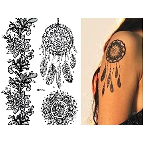 Temporary Tattoos for Women 6 Pack Henna Tattoo Stickers for Adults Women & Girls Metallic Black Lace Body Art Large Big Arm