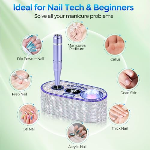 Nail Drill Electric File: DEDNMSCA Sparkly Professional Nail Drill Kit, 40000RPM E-file Machine with USB LED Light and 12 Drill Bits for Acrylic Nail Remove Gel Polish Manicure for Salon Home, Diamond