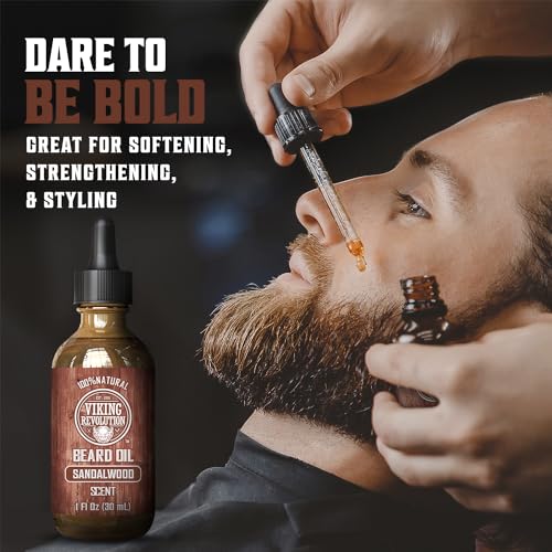 Viking Revolution Sandalwood Beard Wash and Beard Conditioner for Men (17 Oz each), Sandalwood Beard Balm (2 Oz) and Beard Oil (1 Fl Oz) - Beard Care Softener and Strengthener