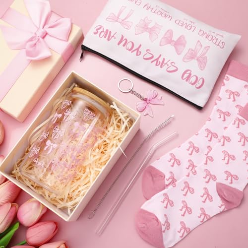Boao 5 Pcs Pink Coquette Gift Set with Glass Cup, Socks, Cosmetic Bag Keychain Coquette Stuff Thank You Gift Box for Girls Women