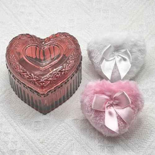 Body Powder Puff and Container - Glass Heart Dusting Powder Container with 2 Soft Puffs Vintage Powder Puff Case for Women & Girls-GRB007-Red