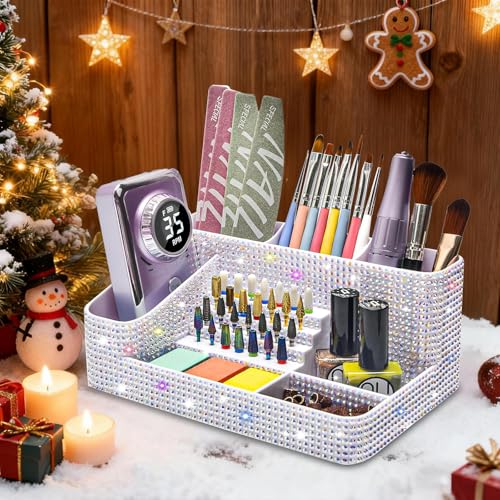 CGBE Nail Drill Holder, 28 Holes Drill Bit Holder for Nails, Professional Nail Tool Organizer, Nail Desk Organizer for Nail Tech, Nail Salon DIY Use - Bling dz-White (Not Including Nail Drill Set)