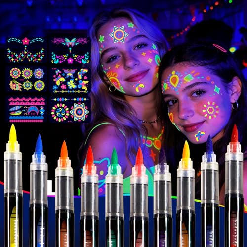 Glow Party Face & Body Paint Markers ? 10 Neon UV Reactive Blacklight Tattoo Pens with Fluorescent Stickers, Water-Resistant, Skin-Safe & Washable for Halloween, Raves (Glows Under UV Light)