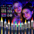 Glow Party Face & Body Paint Markers ? 10 Neon UV Reactive Blacklight Tattoo Pens with Fluorescent Stickers, Water-Resistant, Skin-Safe & Washable for Halloween, Raves (Glows Under UV Light)
