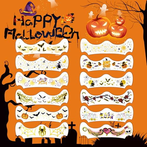 Halloween Face Tattoos - 12PCS Waterproof Temporary Tattoos,Body Art Stickers for Women Kids, Long Lasting Halloween Makeup Festival Accessories