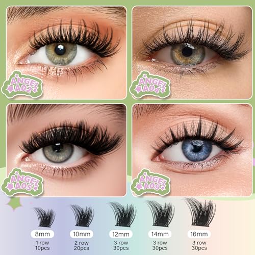 KEYYOU LASH Extension Kit 144Pcs Angel Lash Clusters Kit Thick Eyelash Extension Kit with Glue and Seal,Tweezers,Remover for DIY lash extension kit at Home£¨Kit-Angel A05-D-8-18MIX£©