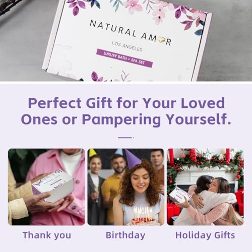 Natural Amor Bath & Spa Gift Set for Women ? Floral Relaxation Self Care Box with Headband, Rose Candle, Heart Bath Bomb, Hand Cream, Pink Salt ? Birthday, Valentine¡¯s Day Gift