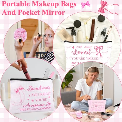 24 Sets Pink Bow Inspirational Makeup Bag with Compact Mirrors Bulk Canvas Cosmetic Bags Pink for Women Party Christmas Graduation