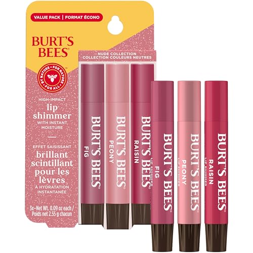 Burt's Bees Lip Shimmer Nude Collection; Luminescent Color; High Impact, Instant Moisture; with Shea and Cocoa Butters; 100% Natural Origin; 3 Warm Shades; Value Pack, 3 Tubes x 0.09 Oz