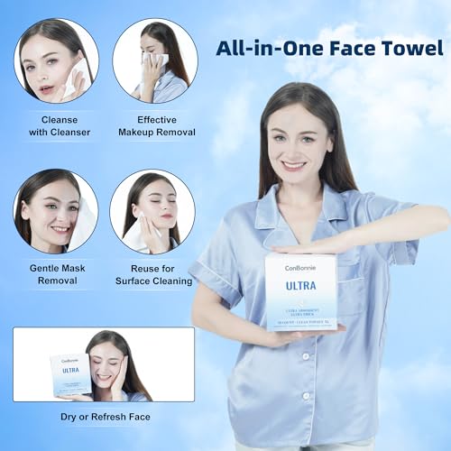 Clean Face Towels XL, 10"¡¿12" Biobased Facial Towels, Disposable Face Towelette, Makeup Remover Dry Wipes, Extra Thick and Soft for Skin Care, Clean Skin, 100 Count (2 Pack)
