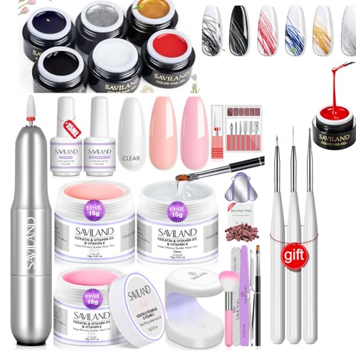 Saviland Builder Nail Gel Set with Nail Drill ? 6 Colors Spider Gel with Nail Art Brushes 3Pcs Hard Gel(VE&VB5&Kerain) Clear Pink Nudes Builder Nail Gel with Lamp Nail Brush for Nail Extension Shaping