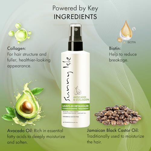Sunny Isle Avocado & Collagen Leave-In Detangler Conditioner - Biotin, Jamaican Black Castor Oil, Paraben Free - 8 oz
