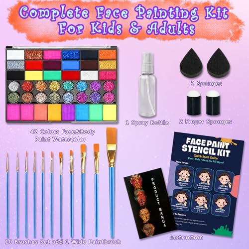 Water Activated Face Paint Professional Kit, Water Based Face Painting kit for kids, 42 Color Non-Toxic Face Paint Palette with Tattoo Stencils, Gems, Brushes for Parties, Carnival, Festivals