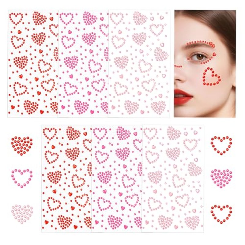 6 PCS Heart Self Adhesive Face Gems Stickers Valentine's Day Rhinestones Face Jewel for Women Festival Heart Accessories Stickers for Craft