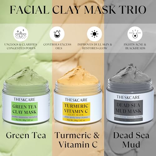 3 PCS Clay Mask Set, Turmeric Vitamin C Clay Mask, Dead Sea Mud Mask, Green Tea Mask, Facial Mask for Oil Control, Deep Cleaning, and Radiant Skin, 240g, 2.82 OZ each