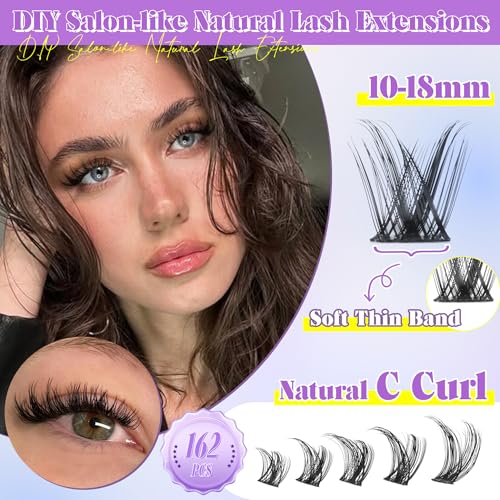 ALICE Wispy Lash Clusters Kit Natural Fluffy Lash Extension Kit Cluster Eyelash Extension Kit 162pcs C Curl 10-18mm Eyelash Clusters with Lash Glue Bond and Seal Lash Tweezers