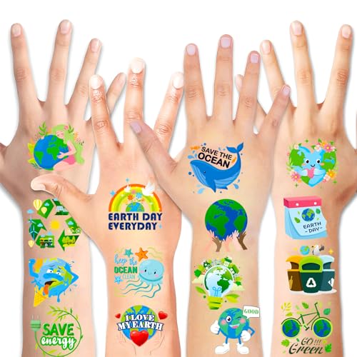 HOWAF 96pcs Earth Day Temporary Tattoos for Earth Day Decorations, Earth Day Tattoo Stickers for Kids, Earth Day Party Favors Environmental Protection Face Tattoos, Blue Green Save Earth Fake Tattoos