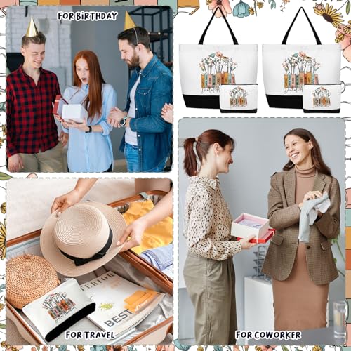 Hillban 5 Sets/10 Sets Dental Assistant Gifts Bulk Canvas Reusable Grocery Tote Bags Cosmetic Bags with Zipper for Women(5 Sets)
