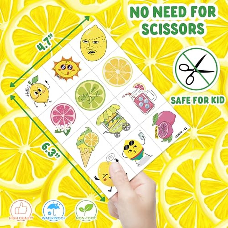 96 PCS Lemon Pre-Cut Temporary Tattoos for Kids | Super Cute Themed Birthday Party Favors, Supplies, Decorations, Funny Lemonade Lime Fake Tattoo Stickers, School Prizes & Gifts Boys & Girls & Rewards