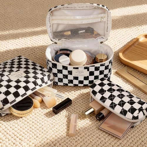 Makeup Bag Set, Quilted Makeup Bag, Large Floral Cosmetic Bag for Women, Cute Cotton Makeup Bags, Flower Travel Toiletry Organizer Bag (Black Checkered)