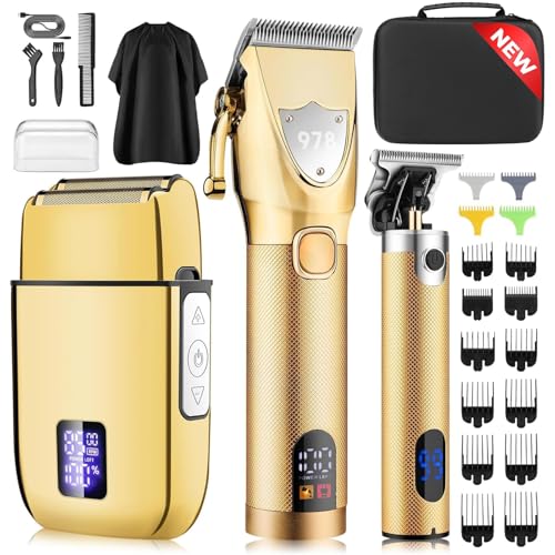 Hair Clippers for Men Professional, Cordless Beard Trimmer & Electric Shavers for Men, Mens Hair Clippers and Trimmer Kit for Barber with Case, Gold