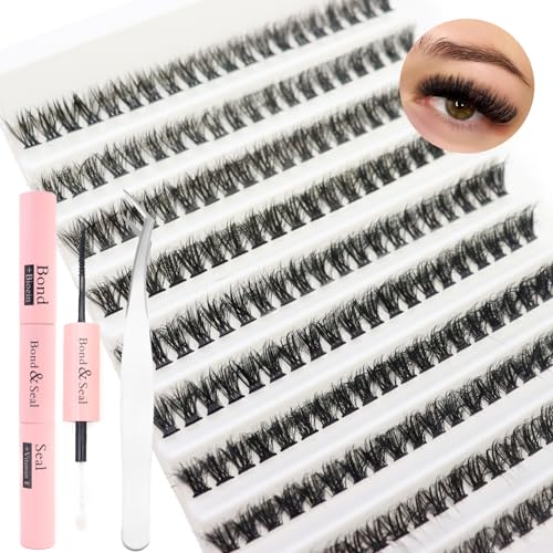 DAODER Short Lash Extension Kit 50D Natural Lash Clusters Wispy Fluff Eyelash Extensions D Curl Individual Lashes 9-13MM Thick Eyelashes Clusters Bond and Seal(Thick Short Eyelash Extension Kit 50P)