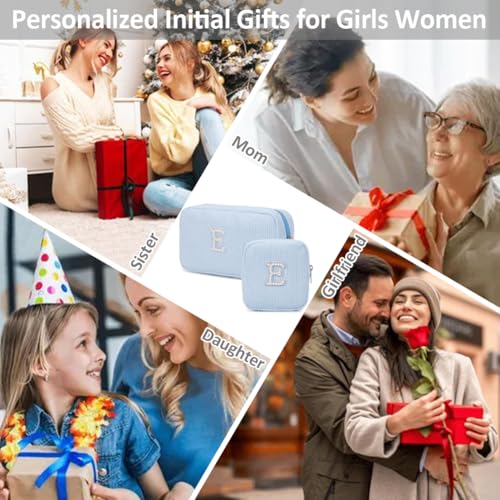 Meisohua 2 Pieces Personalized Initial Makeup Bag Set for Girls Women Cosmetic Pouch Corduroy Travel Toiletry Bag Organizer Storage Purse Pouch - Blue M