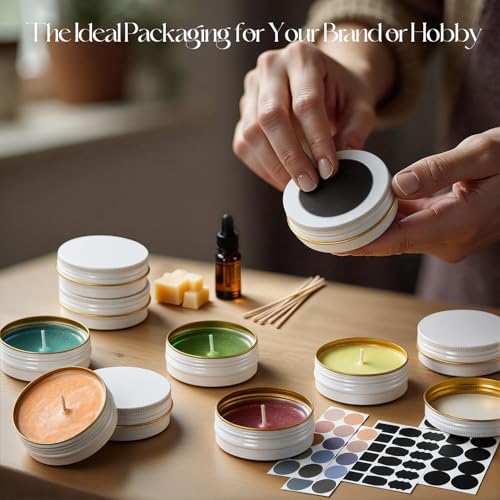 Aluminum 2oz Tins with Lids (48 Pack), Empty Salve Tins Round Tin with Lids, Metal Containers for Salve, Homemade Balm, DIY Lotion Bars & Travel Storage - Recyclable, Durable (White and Gold)