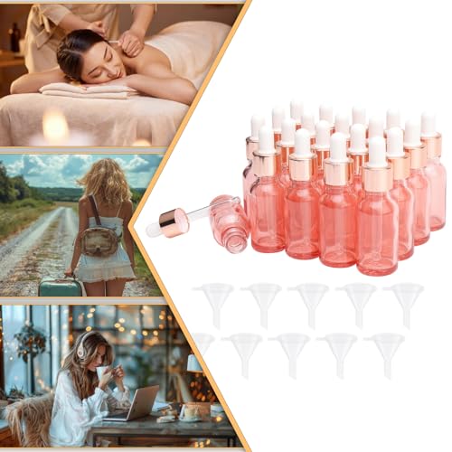 JIUWU 20Pcs 20ml Glass Dropper Bottles, Pink Sample Dropper Tincture Bottles Vials with Glass Eye Pipette for Essential Oil Perfume Scent Liquid