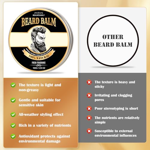 Beard Balm for Men, 100% Natural with Shea Butter, Argan Oil, Jojoba Oil, Vitamin E - 3.53OZ Conditioner Softener Moisturizer