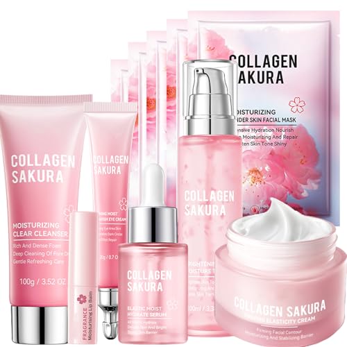 Sakura Skincare Kit, 11Pcs Skin Care Set with Cleanser, Toner, Serum, Cream, Eye Cream, Lip Balm & Masks. Skincare Gift Set for Teens & Women, Moisturize & Smooth Skin (11Pcs, Cherry)