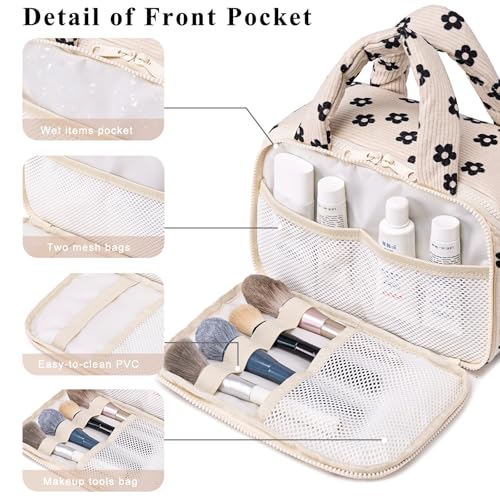 CAMTOP Travel Toiletry Bag for Women Travel Toiletry Organizer Lightweight Large Wide-open Makeup Bag Large Capacity Qulited Cosmetic Bag Puffy for Essentials Organizer (Flower-Black)