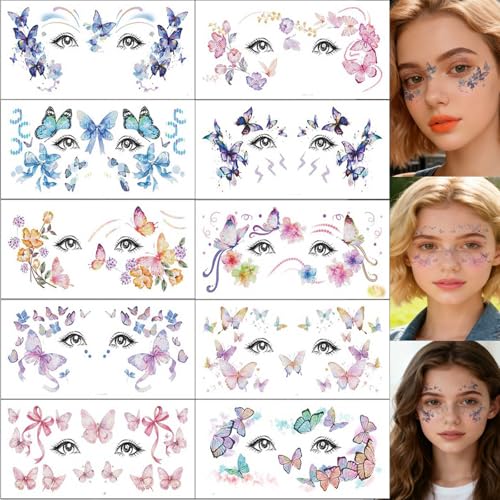 12 Sheets Glitter Butterfly Temporary Tattoos Sticker for Women Eye Face Makeup Decoration, Flash Fairy Body Art Shiny Butterflies Waterproof Fake Tattoos for Festival Party Eye Decor Q996