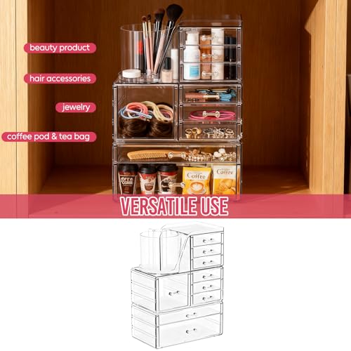ShineMe Clear Makeup Organizer, 3 Tier Stackable Makeup Storage Organizer with Rotating Brush Holder & 9 Drawers, Acrylic Countertop Makeup Organizer for Vanity Skincare Jewelry and Hair Accessories