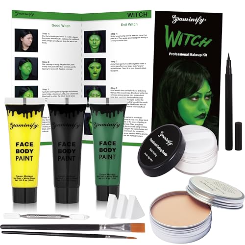 Green Witch Makeup Kit,Elphaba Costume Face Paint,Black Green Yellow Face Paint with Setting Powder,Halloween SFX Scar Wax Putty Wound Makeup,Frankenstein Gamora Hunting Hulk Body Paint