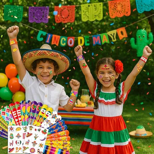 48PCS Cinco de Mayo Party Favor Set - 24PCS Temporary Pre - cut Tattoos & 24PCS Slap Bracelets - Mexican Fiesta Birthday Supplies, Baby Shower Gifts, Classroom Rewards & Party Decor for Kids