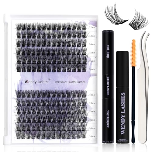 WENDY Lash Extension Kit Lash Clusters Kit D Curl Cluster Lashes 2 Styles Individual Lashes with Lash Bond and Seal Lash Applicator Lash Glue Remover Brush Eyelash Clusters(Fashion/Warm-D Kit,12-16mm)