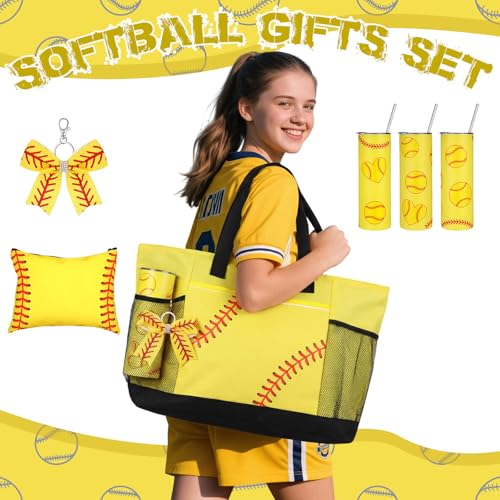 Patelai 4 Pcs Softball Gifts Set Softball Basket Stuffed Including Tote Bag 20 oz Tumbler Makeup Bag Keychain(Yellow)