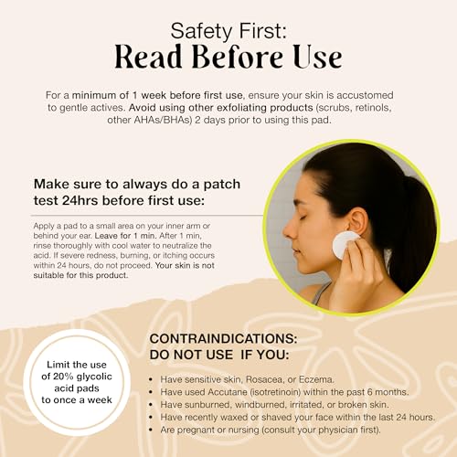 LivaClean 60 CT 20% Glycolic Acid Peel Pads with Aloe Vera ? Resurfacing Toner Pads for Face, Exfoliating Wipes for Fine Lines, Wrinkles, Large Pores, Textured Skin, Includes Tweezer