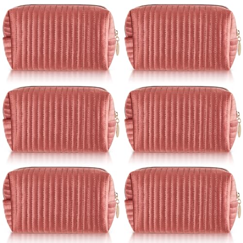 6 Pieces Plush Velvet Cosmetic Bags with Gold Zipper Terry Quilted Makeup Bag Coquette Toiletry Organizer Bridesmaid Proposal Gifts for Wedding Bachelorette Party(Pink)