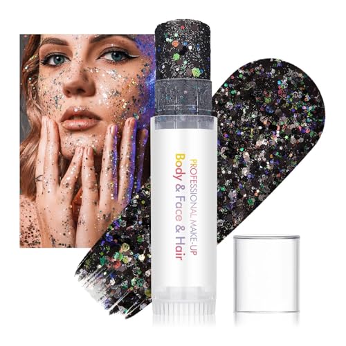 3PCS Face and Body Glitter Stick, Waterproof Halloween Face Glitter Gel, Chunky Sequins Face Hair Glitter Makeup, Silver Black Sparkle Body Glitter for Women and Kid