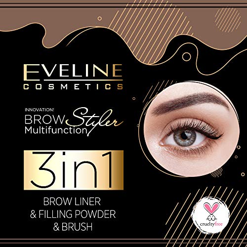 Eveline Cosmetics Brow Styler 3-in-1 Durable Multifunctional Eyebrow Pen | Medium Brown Eyebrow Make Up | Precision Brush | Natural Effect | Powder with Applicator