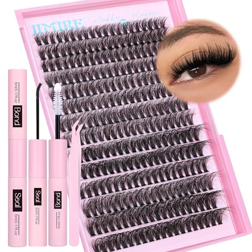 JIMIRE 50D Fluffy Eyelash Extension Kit 280Pcs Volume Lash Clusters Kit Mink Lash Extension Kit with Lash Bond and Seal D Curl Cluster Eyelash Extensions Soft 9-16MM Individual Eyelash Clusters Kit